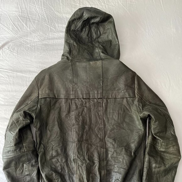 Olive Hooded Leather Jacket - Picture 2 of 5